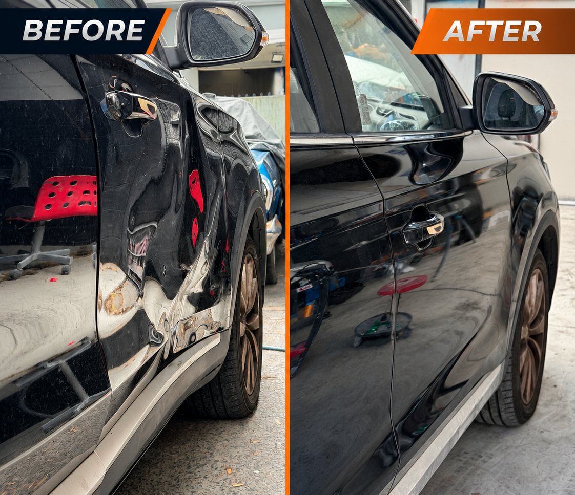 Before and after: a dark SUV with damaged doors, then the same car repaired