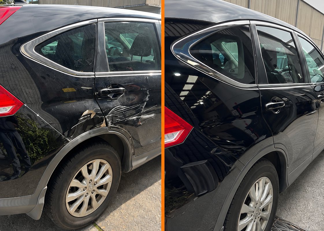 Before and after: a black SUV with a dented rear door and quarter panel, then the same car repaired
